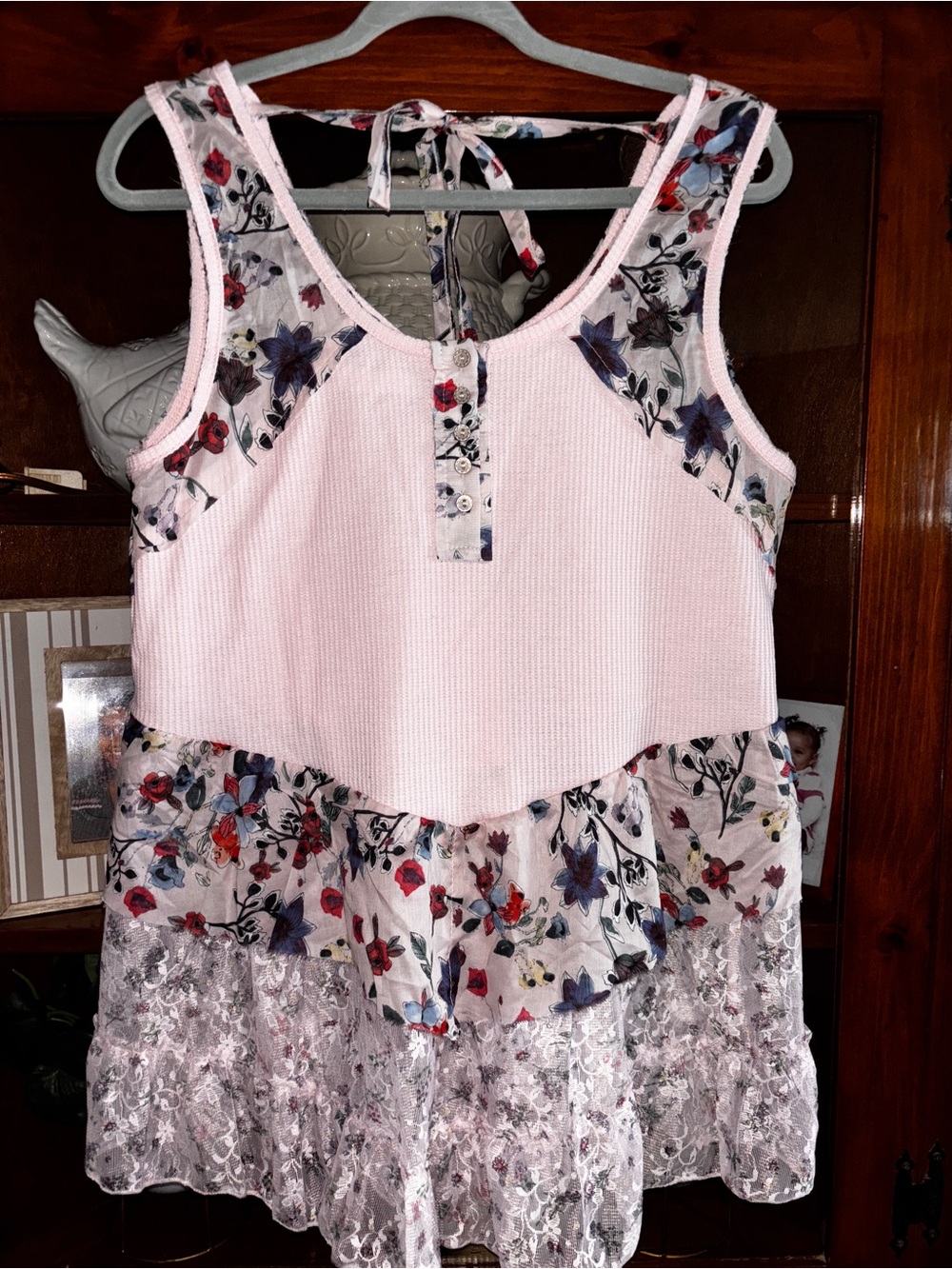 POL Pink Floral Lace Tiered Tunic Top pro:21-24 length:30